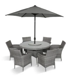 LG Outdoor Monaco Stone 6 Seat Dining Set With Weave Lazy Susan & 3m Parasol