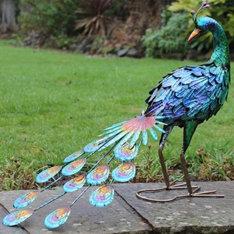 Greenkey Hand Painted Metal Peacock Rear Facing 3 Greenkey Hand Painted Metal Peacock Rear Facing